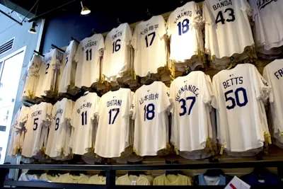 Numbered Sports Jerseys Displayed on Wall